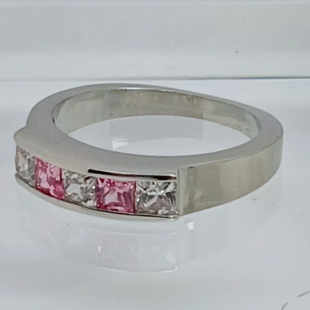 Vintage 90s Pink Clear Princess Cut CZ Channel Set Silver Tone Band Ring Size 10